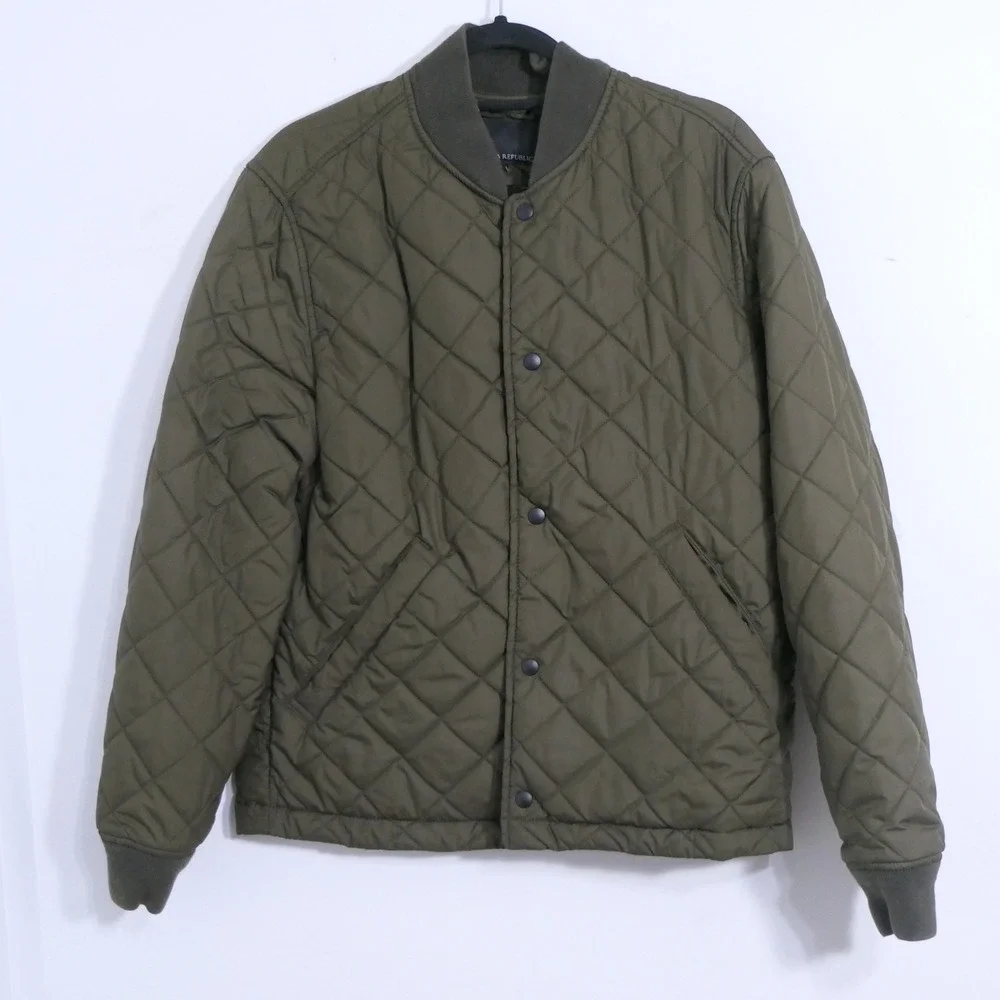 Banana Republic Men Quilted Bomber Jacket M Olive Green Diamond Pattern Snap Zip